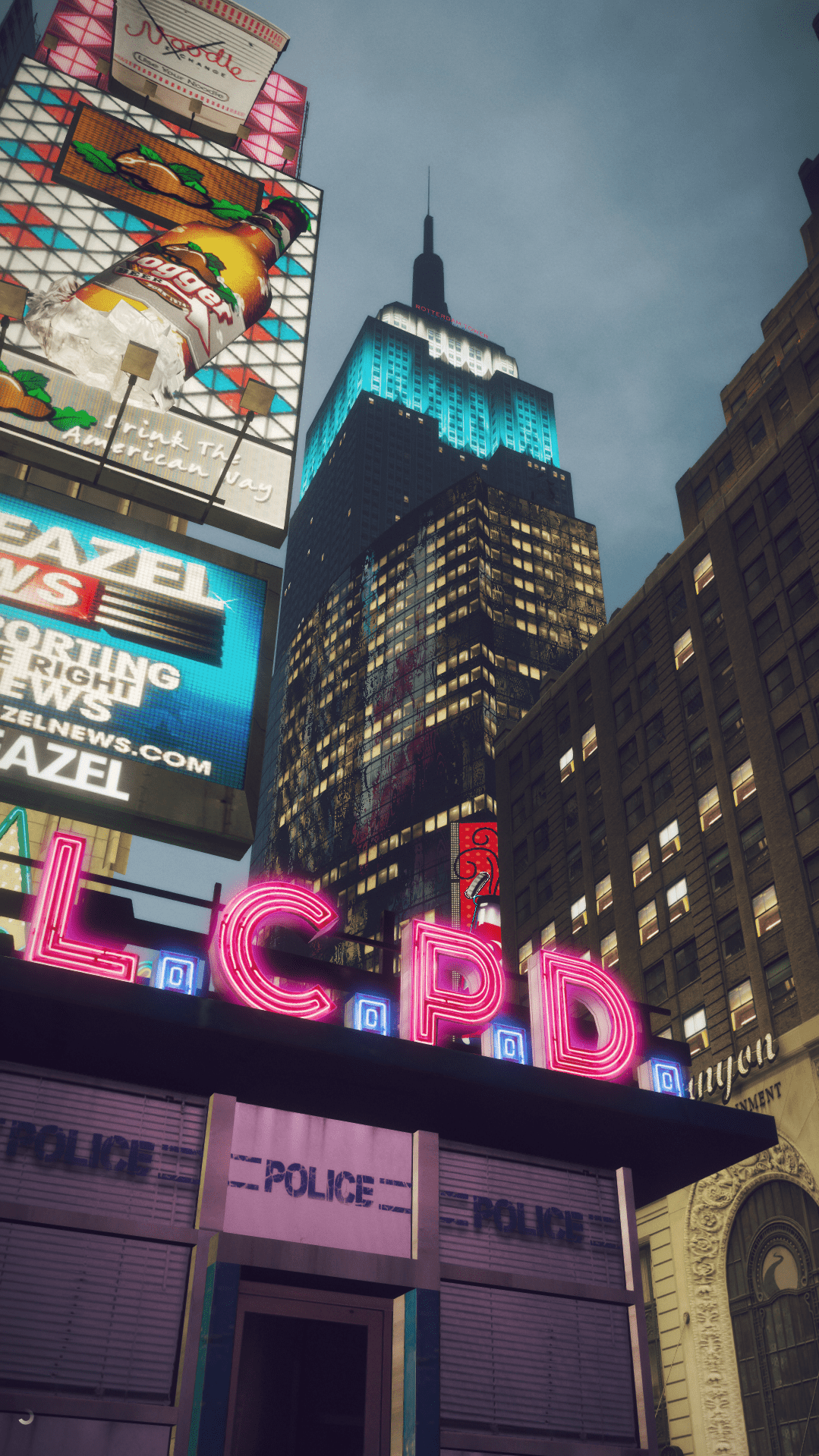 Capture en jeu du centre de Liberty City avec ses gratte-ciel et ses enseignes lumineuses